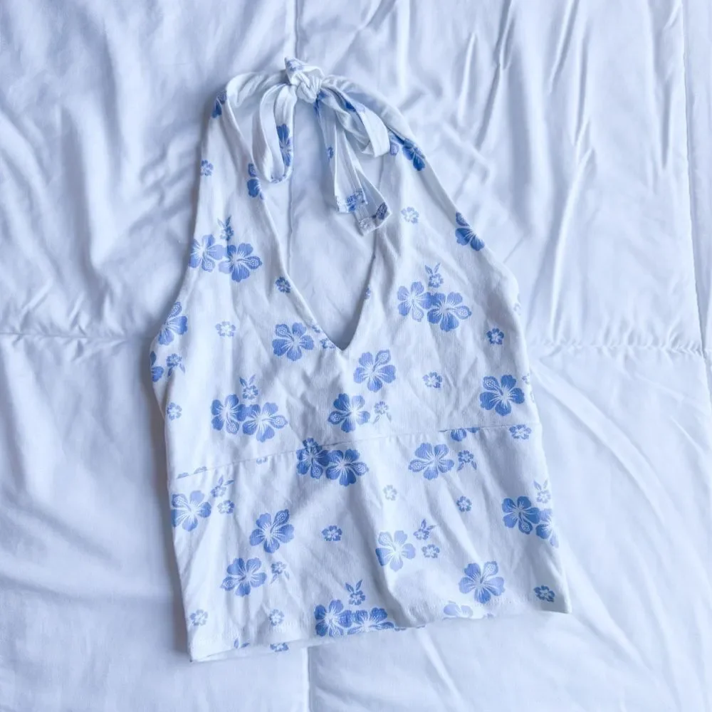 Hollister Blue and White Hawaiian Floral Halter Top